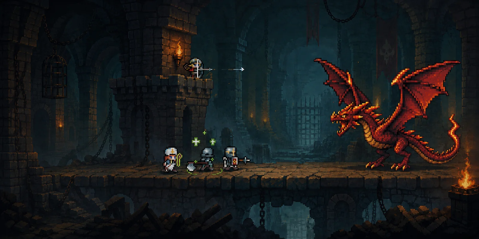 Pixelartowa koncepcja gry z drużyną i wiwerną z autorskiego prototypu AMN